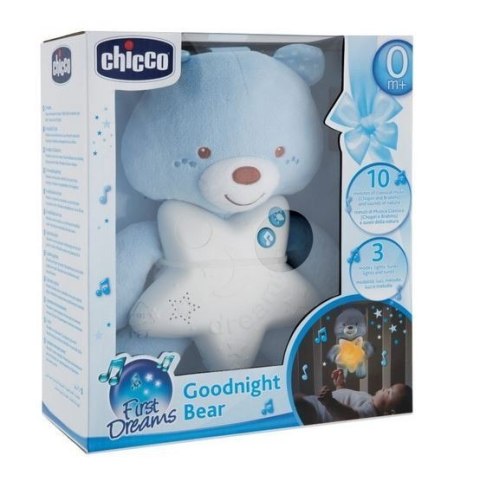 CHICCO 0M+ Miś uspokajający dla niemowląt, muzyka i światło, niebieski
