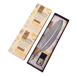 Zestaw do kaligrafii - Srebrne pióro gęsie ze stalówką + tusz - 7262/A