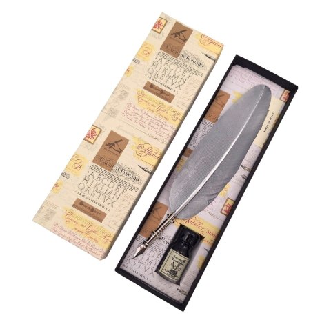 Zestaw do kaligrafii - Srebrne pióro gęsie ze stalówką + tusz - 7262/A