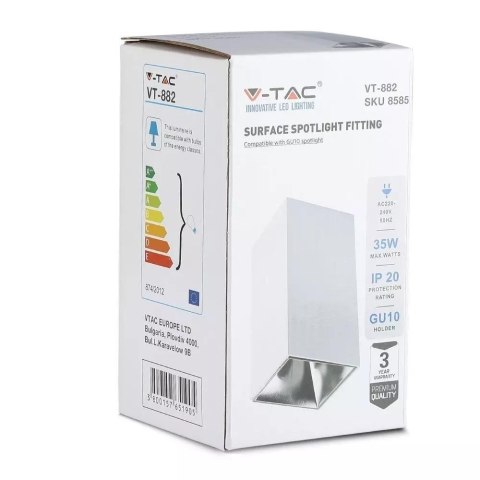 Oprawa sufitowa V-TAC GU10 kwadrat natynkowa biały+chrom 74x74x140mm VT-882-Q 3 lata gwarancji