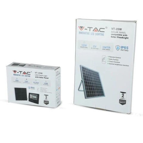 Projektor LED solarny V-TAC 12W czarny IP65 pilot timer VT-25W 6000K 550lm