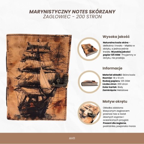 Notes Skórzany Marynistyczny Żaglowiec Retro - Prezent dla Żeglarza - AH11