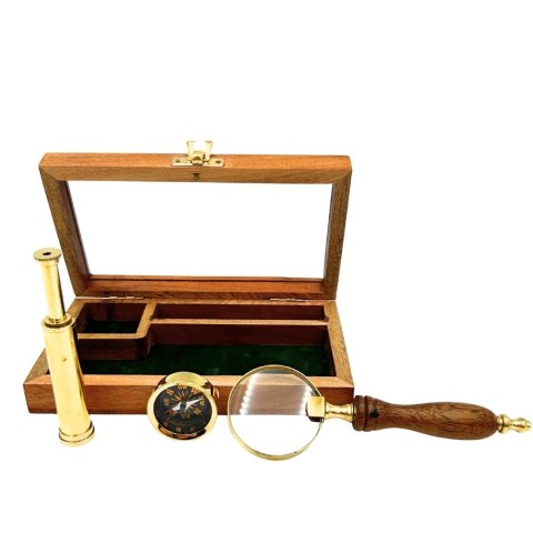 Zestaw Podróżnika - Luneta + Kompas + Lupa w Drewnianym Pudełku - NC2677AZ