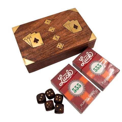Zestaw do Gry - Dwie Talie Kart i Kości do Gry w Drewnianym Pudełku - Elegancki Prezent dla Gracza - DNU-008