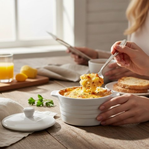 Alpina - Ceramiczne naczynie żaroodporne z pokrywką do zapiekania okrągłe 13x10 cm 210 ml (biały)