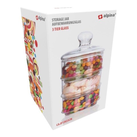 Alpina - Szklany pojemnik / słój na słodycze 3 poziomowy 12x23 cm