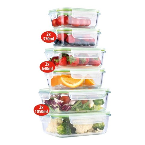 Alpina - Zestaw 6 szklanych pojemników na żywość z pokrywką lunchbox 370 ml / 640 ml / 1050 ml