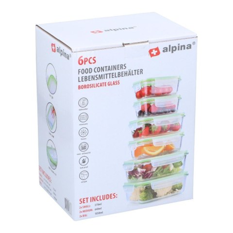 Alpina - Zestaw 6 szklanych pojemników na żywość z pokrywką lunchbox 370 ml / 640 ml / 1050 ml