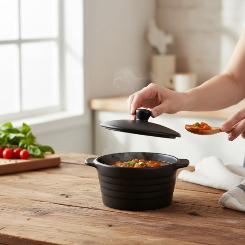 Alpina - Ceramiczne naczynie żaroodporne z pokrywką do zapiekania okrągłe 13x10 cm 210 ml (czarny)