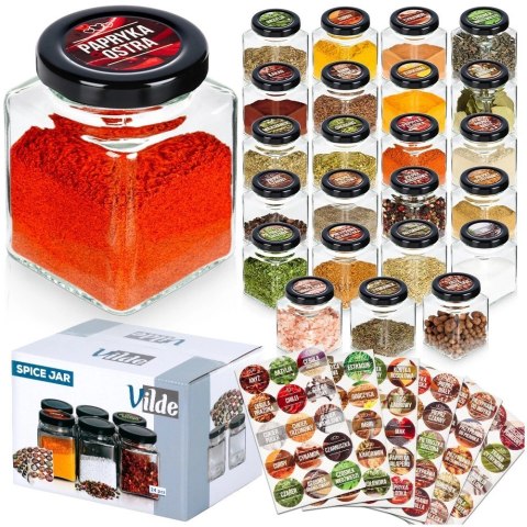 Zestaw Pojemników Słoiczków na Przyprawy Szklany +90 Naklejek VILDE 24 szt.