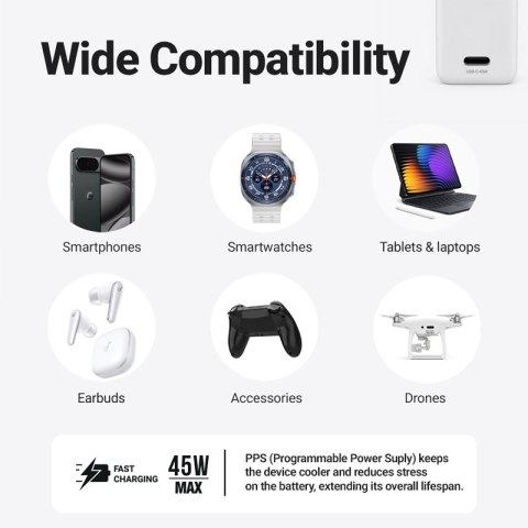 Crong Ultra Compact GaN - Ładowarka sieciowa USB-C 45W PD 3.0 z PPS (biały)