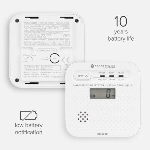 Czujnik czadu, tlenku węgla Kruger&Matz Connect S10 Tuya PN-EN50921