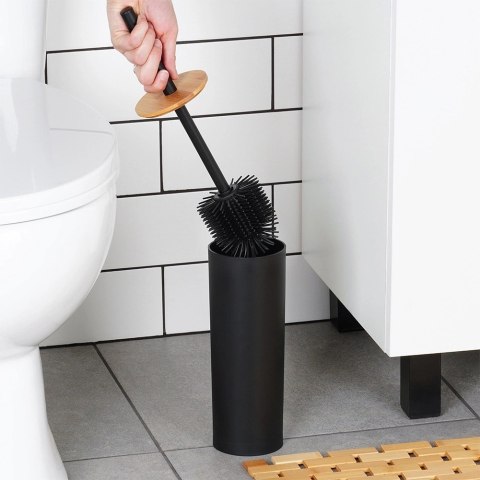 Szczotka Silikonowa WC Ze Stojakiem Czarna Bambusowa Pokrywa 36,5 cm VILDE