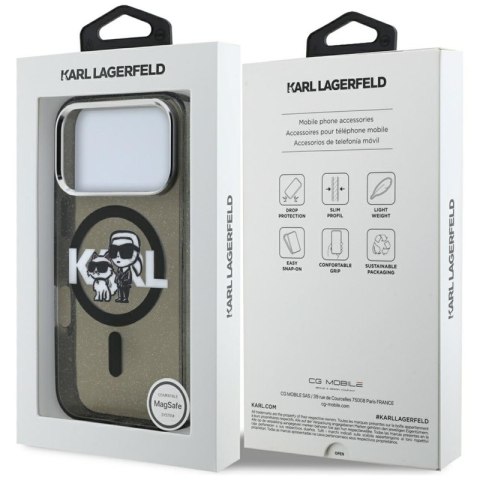 Karl Lagerfeld IML Glitter Karl & Choupette Sketch Logo MagSafe - Etui iPhone 17 Pro (czarny)