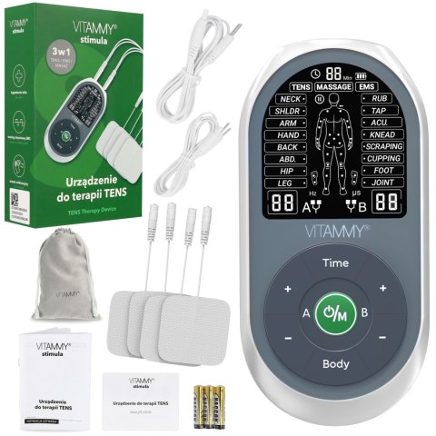 VITAMMY STIMULA Elektrostymulator mięśni, terapia TENS EMS i masaż 3 w 1, 4 elektrody