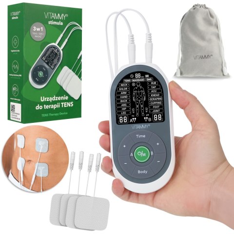 VITAMMY STIMULA Elektrostymulator mięśni, terapia TENS EMS i masaż 3 w 1, 4 elektrody