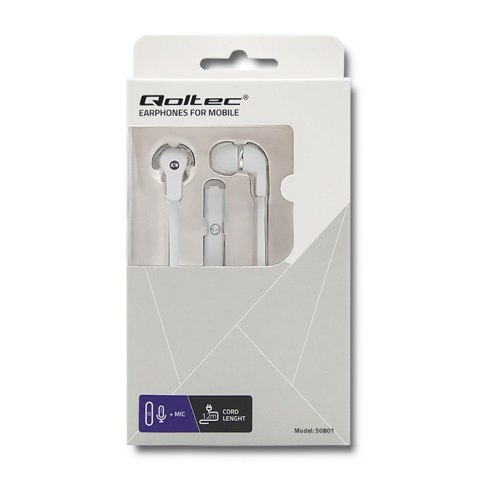 Qoltec Słuchawki dokanałowe z mikrofonem | Białe | Płaski kabel 1.2m