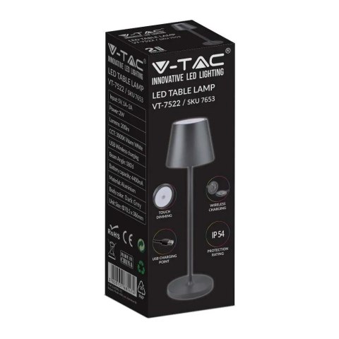 Lampka biurkowa nocna V-TAC 2W LED 38cm ładowanie ściemnianie IP54 szara VT-7522 3000K 200lm