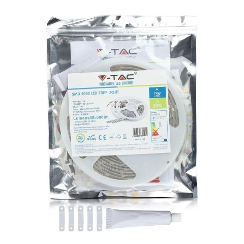Taśma LED V-TAC 12V SMD5050 150LED IP65 rękaw 4,8W/m VT-5050 30-IP65 6000K 500lm