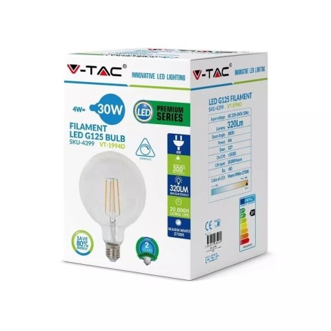 Żarówka LED V-TAC 4W filament E27 G125 ściemnialna VT-1994D 2700K 320lm