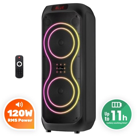 POWER AUDIO MAX - Duży głośnik Bluetooth, 120W RMS/ 1400W PMPO, dwa głosniki 8", Equalizer, funkcja karaoke, MP3/karty microSD, 
