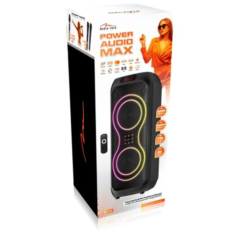 POWER AUDIO MAX - Duży głośnik Bluetooth, 120W RMS/ 1400W PMPO, dwa głosniki 8", Equalizer, funkcja karaoke, MP3/karty microSD, 