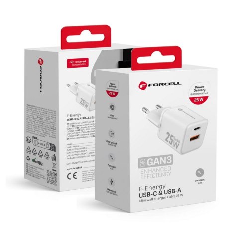Ładowarka Sieciowa Forcell USBC + USBA 25W GaN III PD i QC 4.0 biała mini