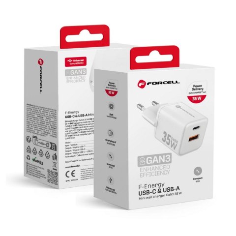 Ładowarka Sieciowa Forcell USBC + USBA 35W GaN III PD i QC 4.0 biała mini