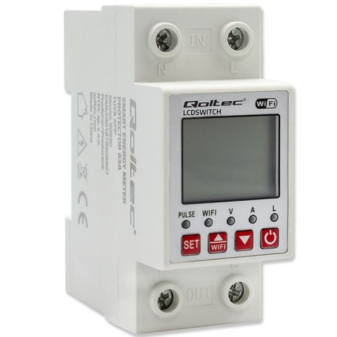 Qoltec Jednofazowy elektroniczny Przekaźnik Licznik zużycia energii 63A na szynę DIN | Timer | Tuya | Wi-Fi | LED