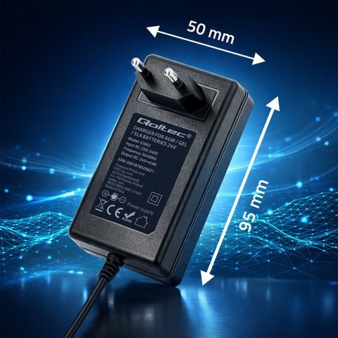 Qoltec Automatyczna ładowarka do akumulatora AGM GEL STD | Prostownik 24V | 19.2W | 5.5x2.1 | Kabel 1.8m