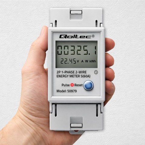 Qoltec Jednofazowy elektroniczny licznik zużycia energii na szynę DIN | RESET | licznik okresowy i stały | 230V | 60A | LCD | LE