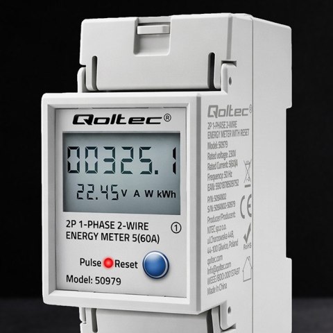 Qoltec Jednofazowy elektroniczny licznik zużycia energii na szynę DIN | RESET | licznik okresowy i stały | 230V | 60A | LCD | LE