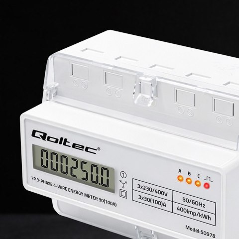 Qoltec Trójfazowy elektroniczny licznik | miernik zużycia energii na szynę DIN | 400V | 100A | LCD | LED | 7P