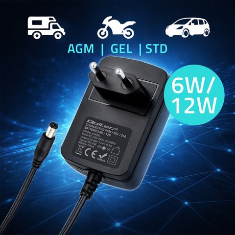 Qoltec Automatyczna ładowarka do akumulatora AGM GEL STD | Prostownik 6V/12V | 6W | 5.5x2.1 | Kabel 1.8m