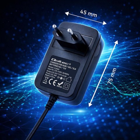 Qoltec Automatyczna ładowarka do akumulatora AGM GEL STD | Prostownik 6V/12V | 6W | 5.5x2.1 | Kabel 1.8m