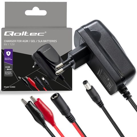 Qoltec Automatyczna ładowarka do akumulatora AGM GEL STD | Prostownik 6V/12V | 6W | 5.5x2.1 | Kabel 1.8m
