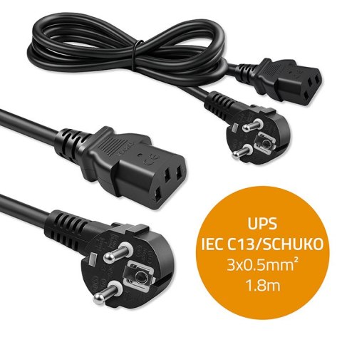 Qoltec Kabel zasilający | wtyczka kątowa SCHUKO CEE 7/7 (E/F) | IEC C13 | 3x0.5mm² | Czysta miedź Cu | 1.8m