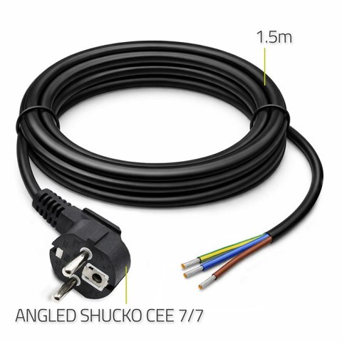 Qoltec Kabel zasilający | wtyczka kątowa SCHUKO CEE 7/7 (E/F) | miedź Cu | odizolowany lutowany | 3x0.75 mm² | 1.5m