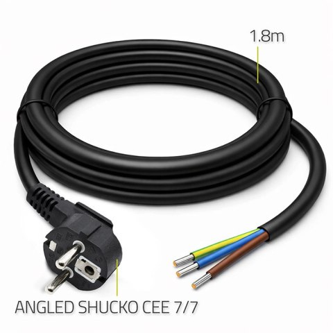 Qoltec Kabel zasilający | wtyczka kątowa SCHUKO CEE 7/7 (E/F) | miedź Cu | odizolowany lutowany | 3x1.50 mm² | 1.8m