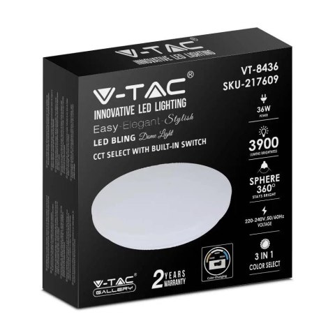 Plafon V-TAC 36W mleczny zmiana koloru CCT fi.480 VT-8436-M-N 3000K-6400K 3900lm