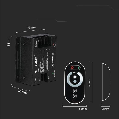 Sterownik ściemniacz taśm LED jednokolorowy z pilotem dotykowym V-TAC 18A 12V/216W 24V/432W VT-5115