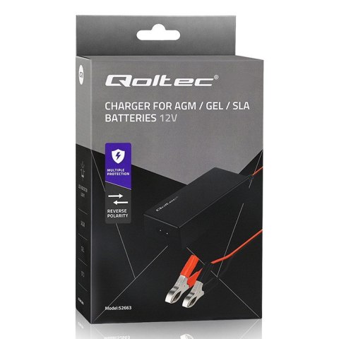 Qoltec Automatyczna ładowarka do akumulatora AGM GEL STD | Prostownik 12V | 2A | 24W | LED | Kabel 1.8m