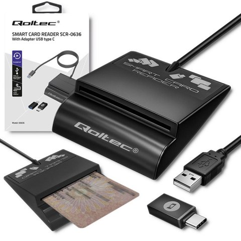 Qoltec Inteligentny czytnik chipowych kart ID SCR-0642 | USB 2.0 + Adapter USB-C