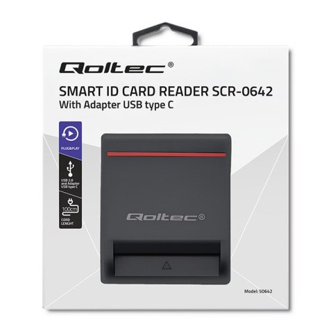 Qoltec Inteligentny czytnik chipowych kart ID SCR-0642 | USB 2.0 + Adapter USB-C
