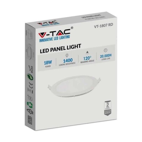 Panel LED V-TAC premium downlight 18W okrągły fi225 VT-1807 2700K 1400lm