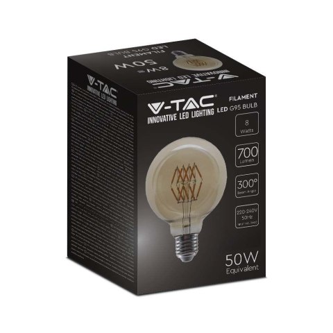 Żarówka LED V-TAC 8W filament E27 kula glob G95 bursztyn 95x138mm VT-2019-N 2200K 700lm