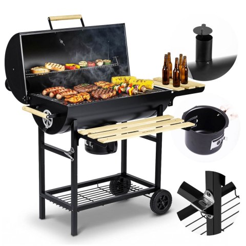 Grill węglowy ogrodowy beczka z kominem półki + termometr + popielnik Berdsen BD-895 czarny