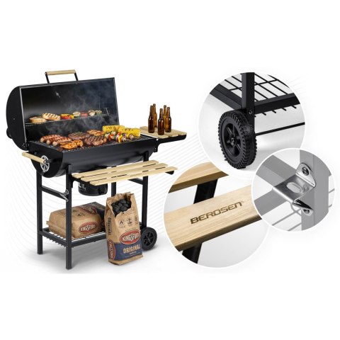 Grill węglowy ogrodowy beczka z kominem półki + termometr + popielnik Berdsen BD-895 czarny
