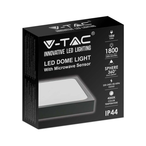 Plafon V-TAC 18W LED Kwadrat IP44 Czujnik Ruchu Mikrofalowy 23x23cm Czarny VT-8618SB-SQ 4000K 1800lm