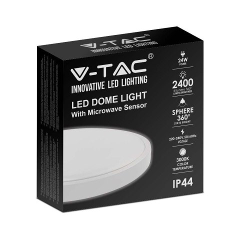 Plafon V-TAC 24W LED Okrągły IP44 Czujnik Ruchu Mikrofalowy 30cm Biały VT-8624S-W-RD 3000K 2400lm